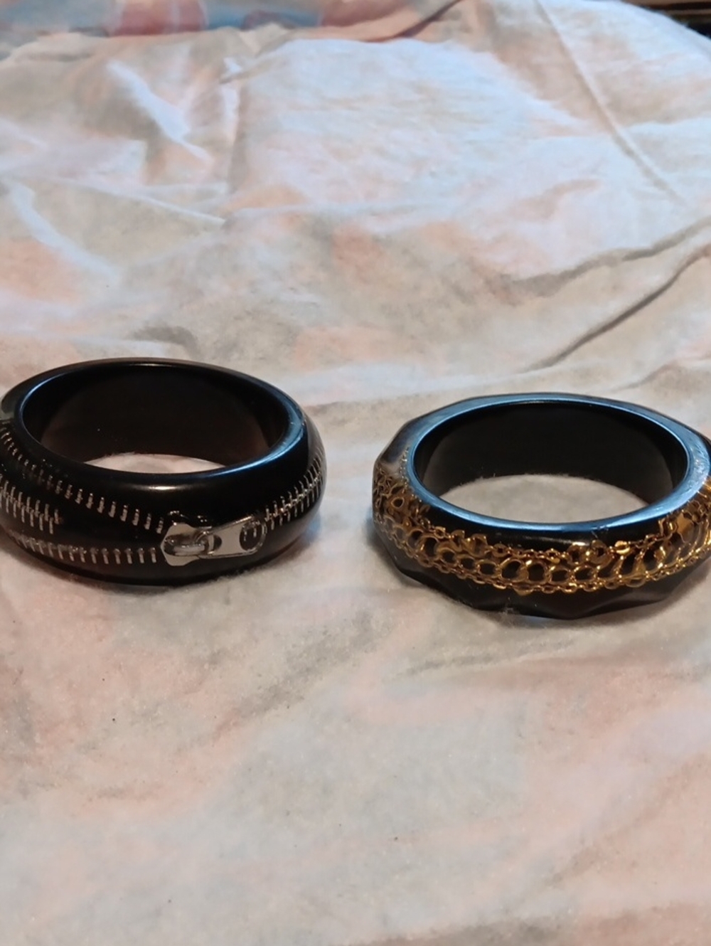 TWO Retro Lucite Black Resin Bangle with  Chain Accents